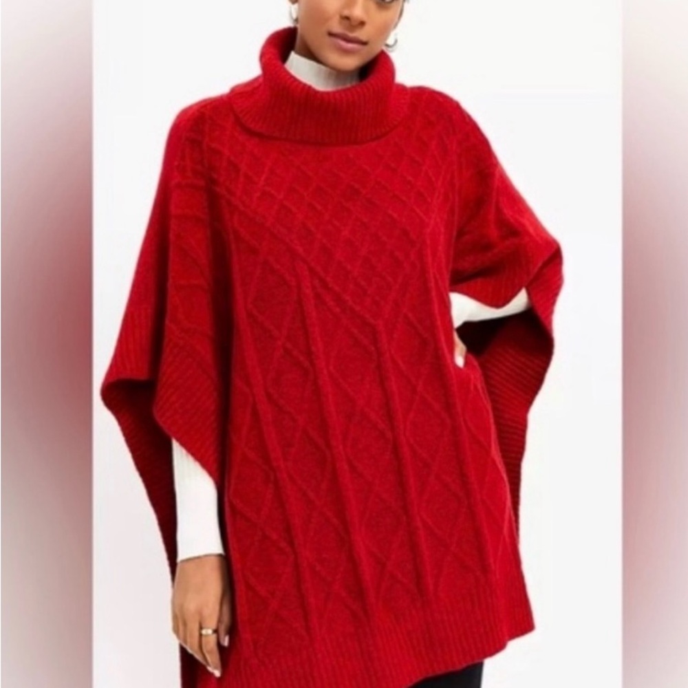 LOFT Red Cable Knit Poncho Sweater